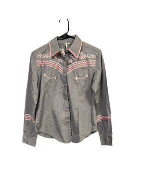 Martini Ranch NWT M Western Snap Shirt Gray Pink Floral Embroidered 90s Cowgirl